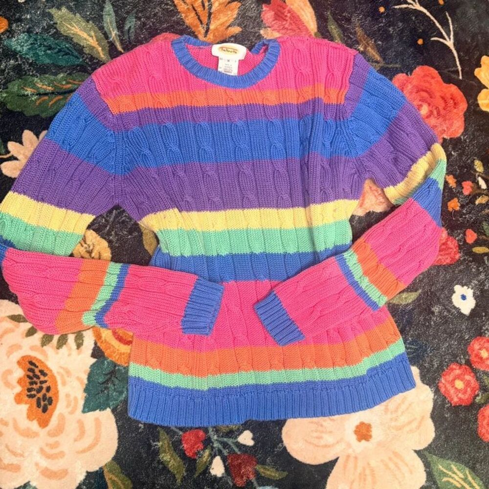 Vintage Talbots Rainbow Striped Cable Knit Mercerized Cotton Sweater